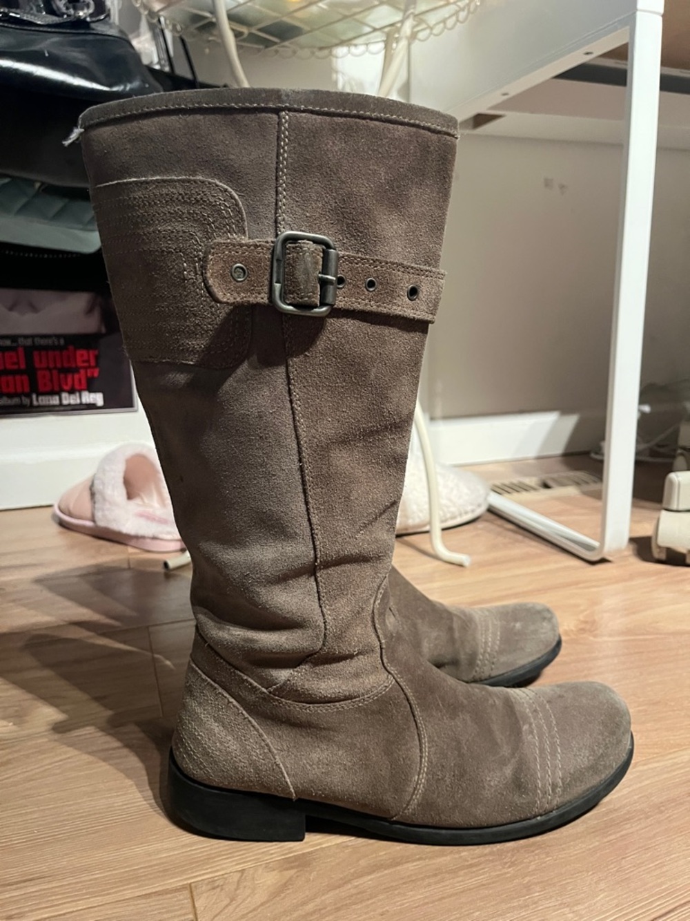 Women’s Tall Suede Buckle Boots — Taupe